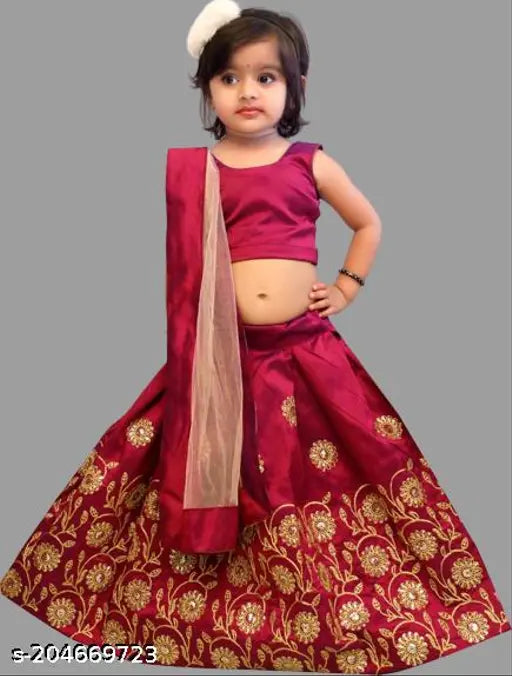 Maroon taffeta silk readymade Lehenga Choli ethnic wear for baby girls (2-5 years), embellished with zari embroidery & mirror work, suitable for festivals & ceremonies