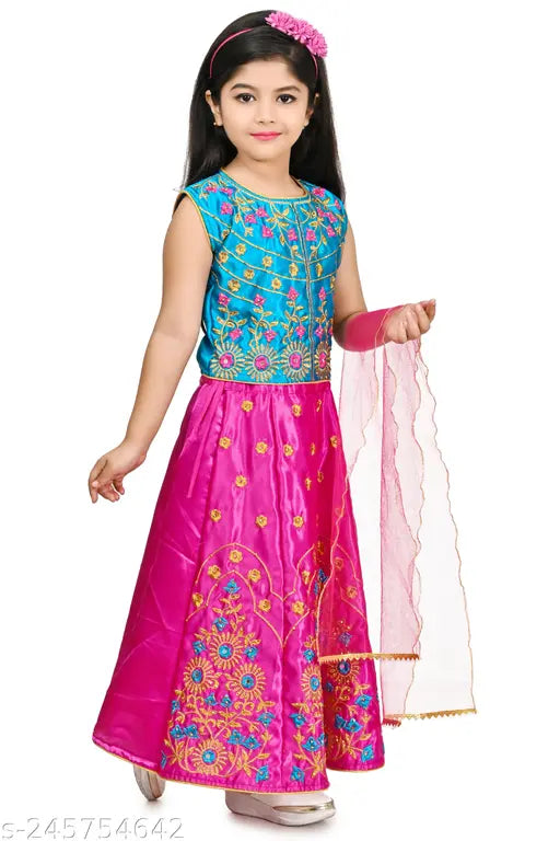 Embellished cotton cambric lehenga-choli for kids (3-13 years), Indian handcrafted in chiffon and net