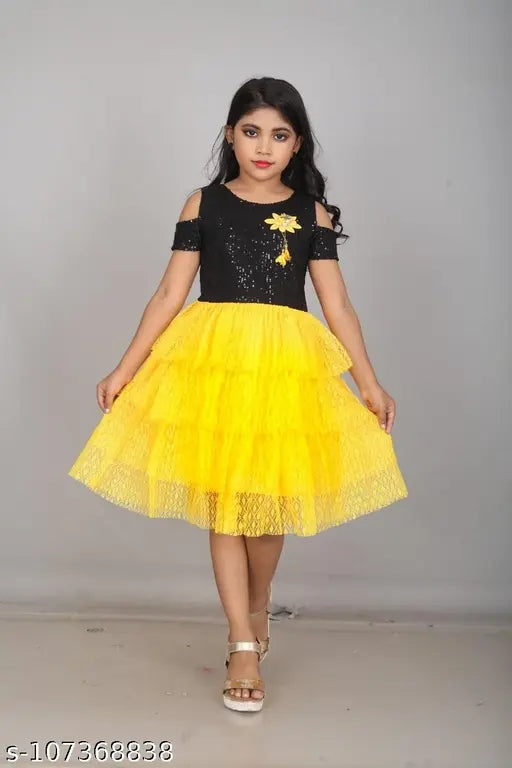 Black, yellow ruffle layered modern one piece dress
