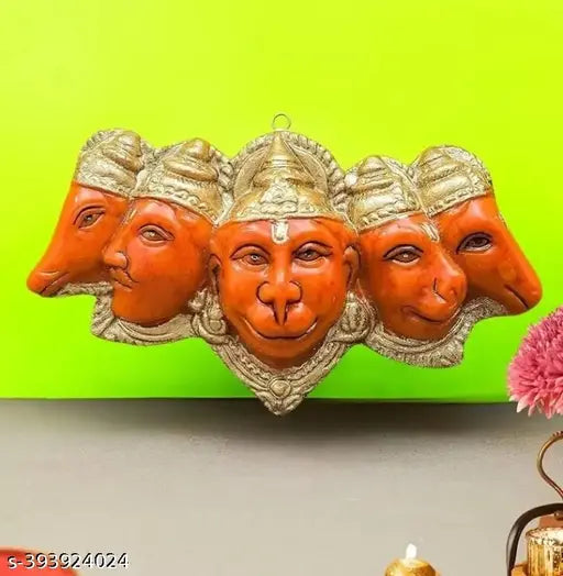 Orange polyresin Panchmukhi Hanuman Ji statue, decorative home gifting, protects from evil eye, 17.6 cm wide
