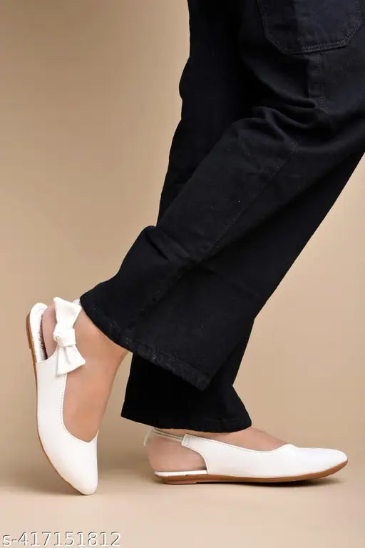 White synthetic ballerinas with casual side bow detail, comfortable for women & girls by Shoetopia