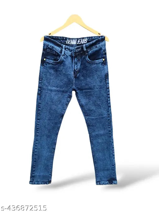 Men's blue denim jeans, distressed knee, five pocket design