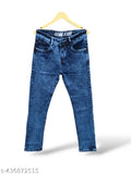 Men's blue denim jeans, distressed knee, five pocket design