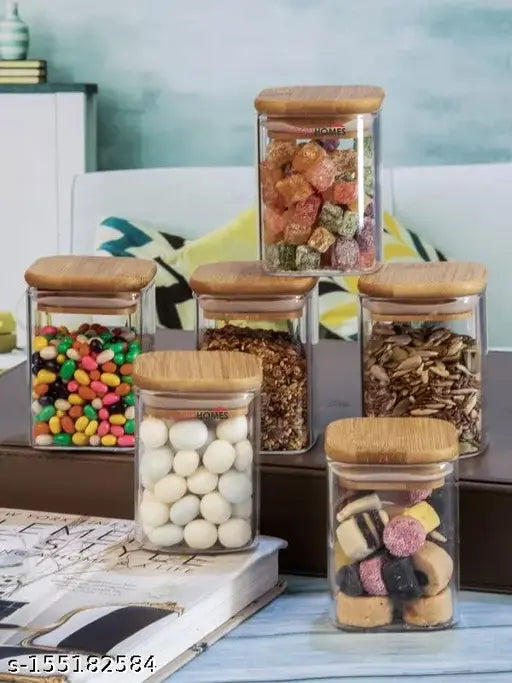 VRS MALL 240 ml Square Spice Storage Containers With Bamboo Airtight Lid Thicken Small wooden Glass canister for Food Storage Kitchen Seasoning,storing masala,Coffee Bean, Tea, Suger, Herbs (6 pcs)