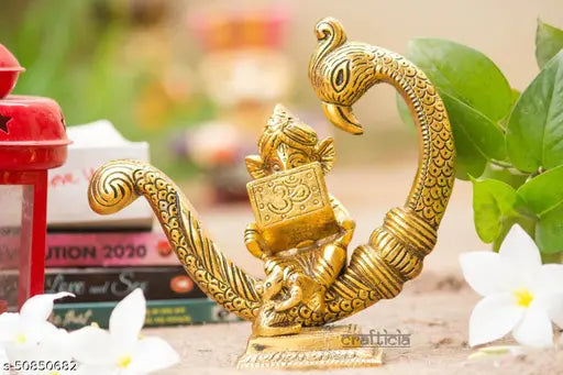 Gold oxidized metal sitting baby Ganesh idol statue with peacock and book, 15x7x15.5 cm for puja, Vastu figurine showpiece (Ganesha)