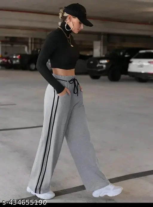 Grey casual jogger pants with trendy horizontal stripes