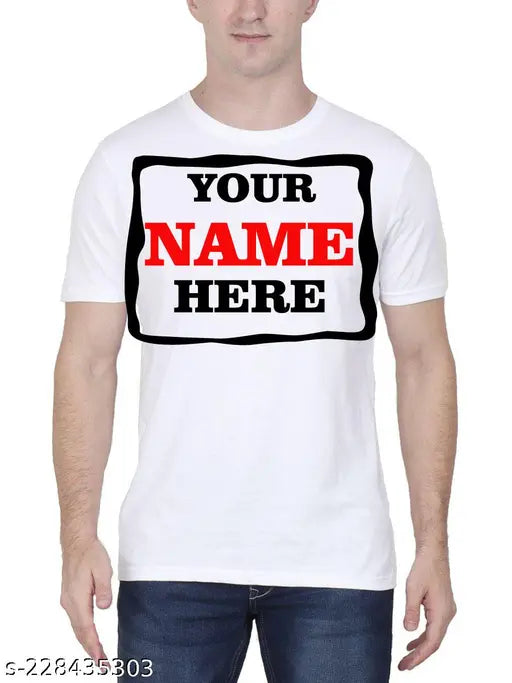 White personalised polyester unisex round neck tee with printed design, half sleeve, suitable for men, women, boys, and girls