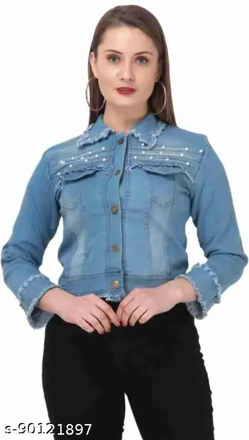 Light Blue Denim Women's Jacket, three-quarter sleeves, solid pattern, popular casual wear from India