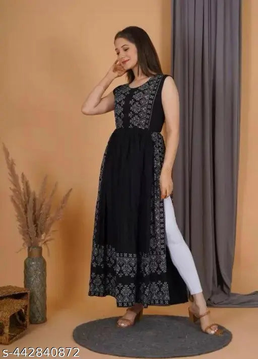 Black viscose rayon sleeveless printed combo top, XS size only - Nayra from India