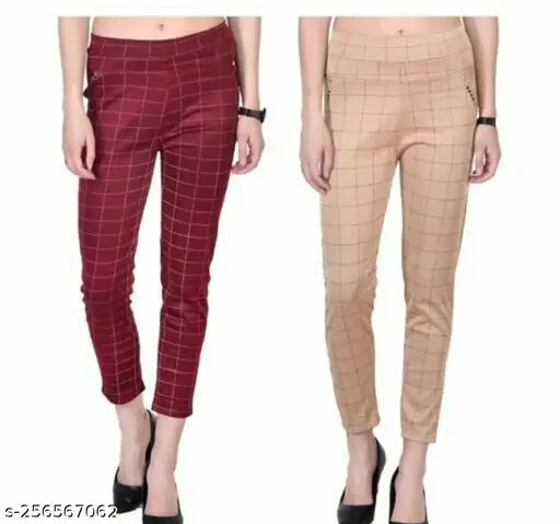Trendy cotton women's jeggings with checked pattern, lycra fabric, available in multiple sizes (S-Free) from 26" to 34", made in India