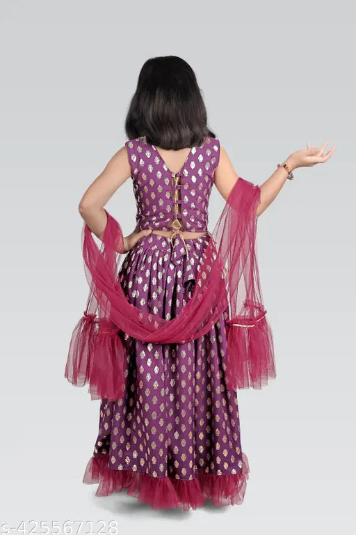 Acrylic lehenga choli dupatta set for girls, sleeveless with checked Aari work and net detail, Indian handcrafted children's traditional outfit on mannequin