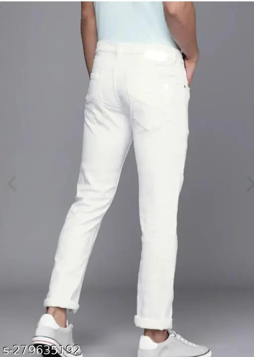 White stylish slim fit jeans - polycotton, comfortable & soft for men & boys, solid net design, India origin