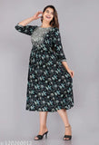 Rayon flared kurta with three-quarter sleeves, printed combo, size M-XXL. Traditional art meets modern fashion in this stylish women's kurti by VASHINEH, featuring a beautiful floral print