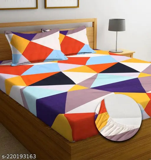 Navya Home Decor Premium navy cotton fitted bedsheets set with 2 pillow covers, double bed, 180TC supersoft, multicolor
