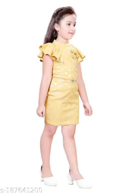 Embellished net polyester mini party dress with shoulder frill for kids (5-12 years), glitter stretch fabric, lining, zipper, transparent belt, handwork flower on neck, country of origin: India
