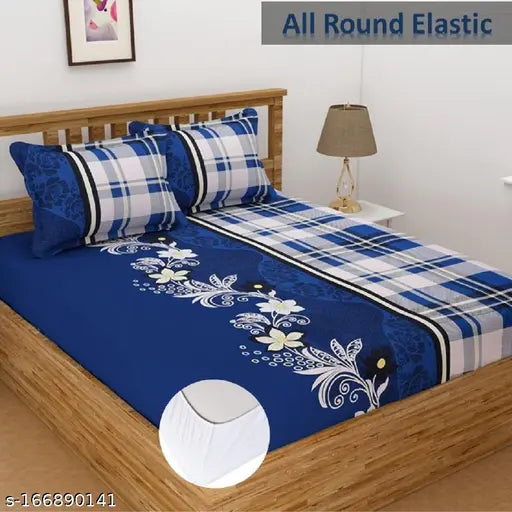 Blue cotton fitted bedsheet set, 180 thread count, botanical print, ideal for AC room, adult use