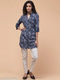 Abstract printed rayon blue tunic with tie belt, 3/4 sleeves - Hive91 women's summerwear