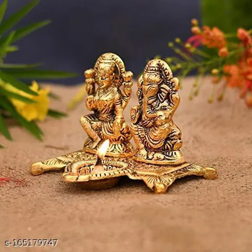 Metal Lakshmi Ganesh statue with golden coin, Indian Ganesha Diya puja deepak combo