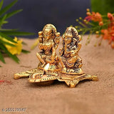 Metal Lakshmi Ganesh statue with golden coin, Indian Ganesha Diya puja deepak combo