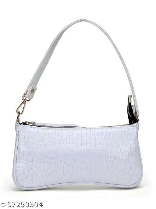 Black leather handbag with white croc texture, zip closure" # use color name and material name