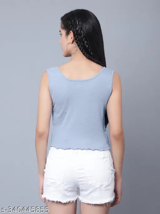 Sleeveless cotton blend ribbed crop top in solid color, ideal for women's casual wear, imported from India