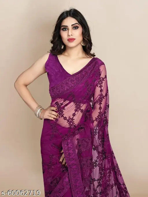 Red & Green Embroidered Petite Net Saree with Separate Banarasi Silk Blouse - Indian Designer Fashion