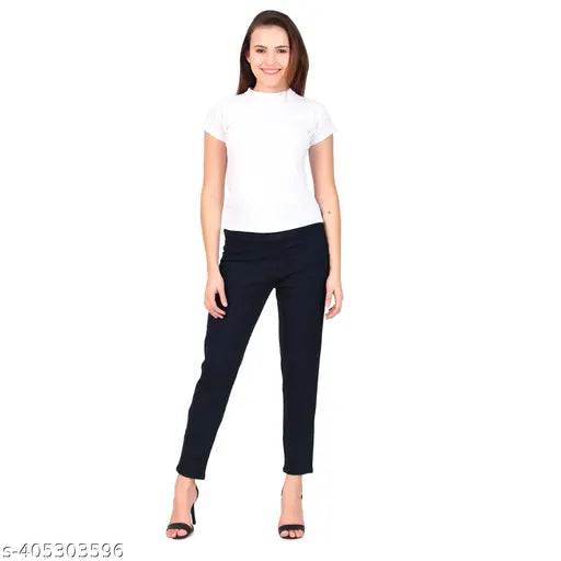Navy blue high-rise solid jeggings with broad belt for women and girls, denim fabric