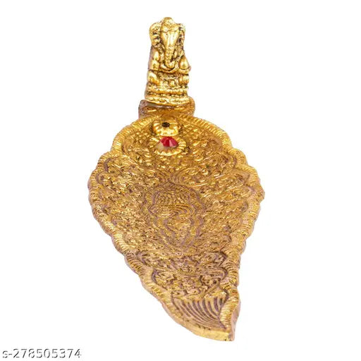 Gold aluminum Agar batti stand with Ganesh design, traditional Indian incense holder for agarbatti, measures 22.5cm x 3cm