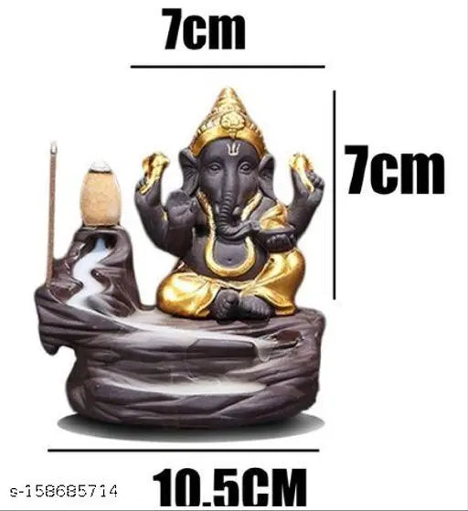 Handicrafted polyresin backflow Lord Ganesha incense holder decorative showpiece with golden mudra figurine. 10 cm high, 7 cm wide, 6 cm deep