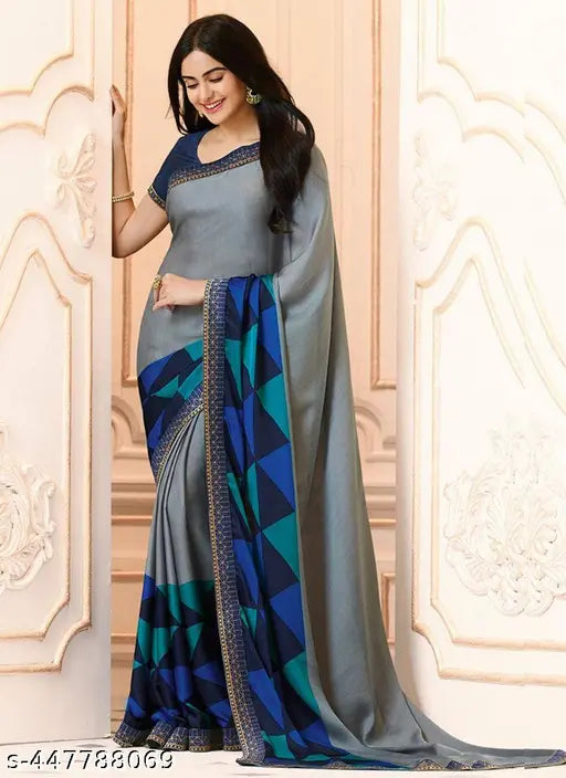 Designer print sari, blue and green hues