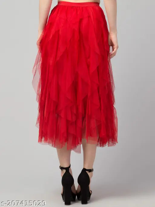 Solid net, trendy mesh frilled skirt with three patterns, flared long design, Shantoon lining, regular fit, size 26-34, India origin