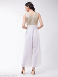 White polyester solid round neck jumpsuit by Miss Chase, off-white color, sleeveless with zip closure and side pockets