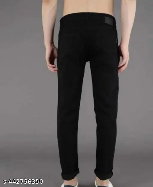 Black denim men's jeans, newly designed by CAMFITS. Solid pattern with 32" waist, 40" length, and 34" hip