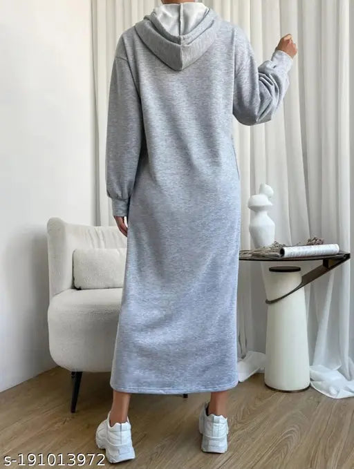 Luxurious fleece long hoodie dress/nightwear for winters, solid color, perfect for airports or cozy nights