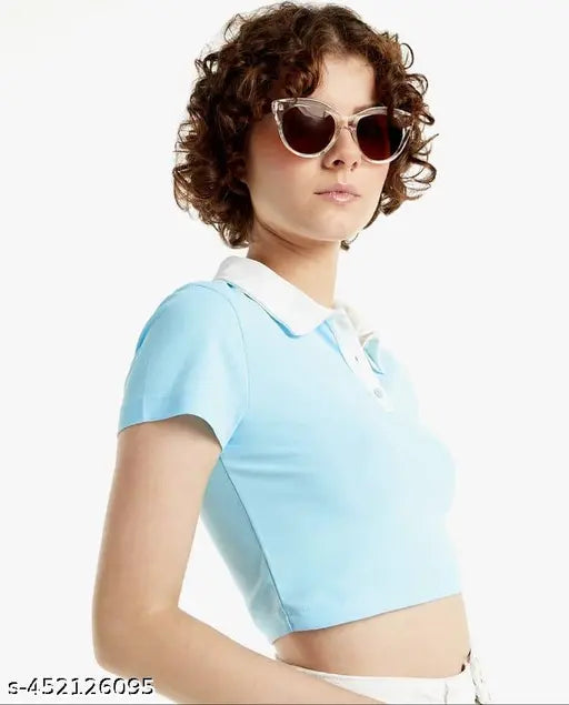 Cotton casual collared crop top, solid design for free size women, popular modern polo shirt from India