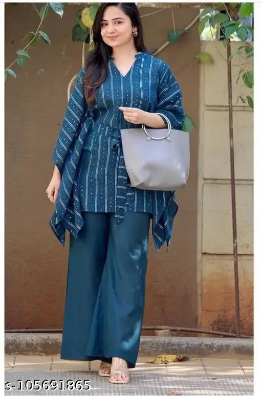 Striped rayon kaftan with palazzos, three-quarter sleeves, Indian fashion wear on mannequin