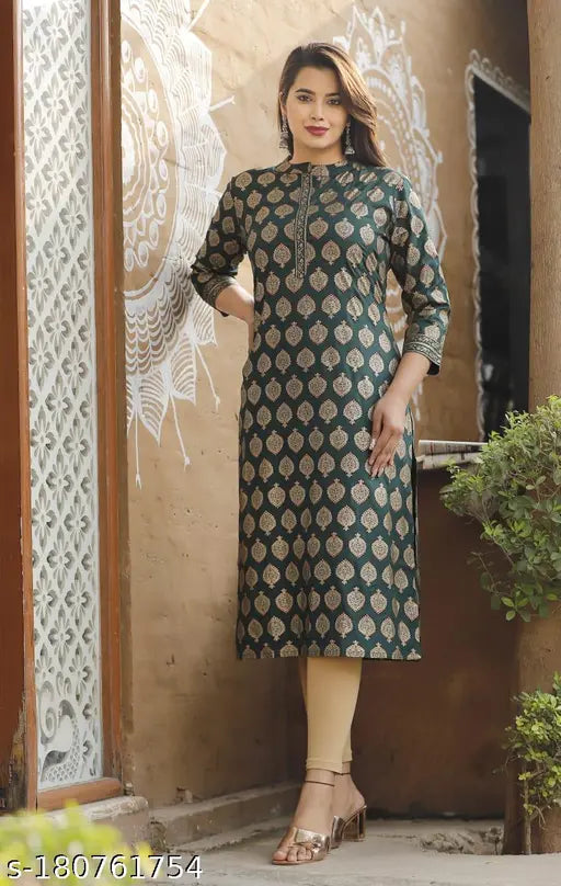 Rayon printed straight kurti for women, three-quarter sleeves, Indian fashion trend in solid colors