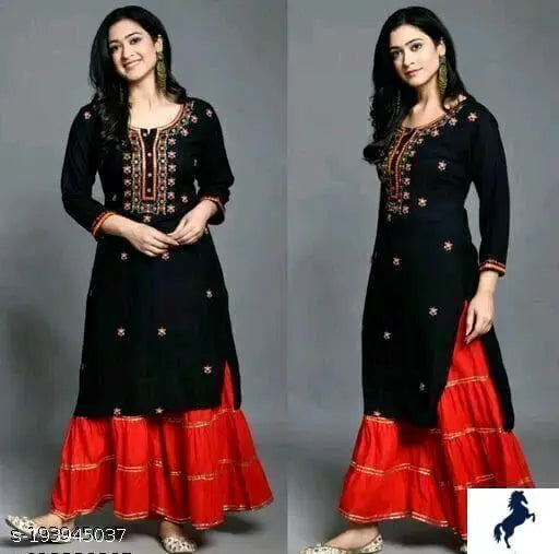 Black cotton kurta and matching palazzo set, traditional design, long sleeves