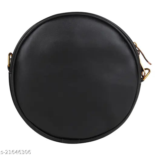 Trendy black faux leather round bag with embroidery
