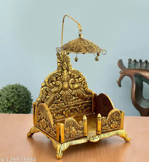 Metal Laddu Gopal Singhasan / Chowki, oxide finish, Indian-made, 6.5"x7"x4", ideal for small Lord Krishna figurines