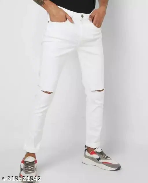 Cotton blend, knee-slit white jeans with net pattern detail - MOD MEN DL43O
