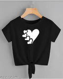 Black Lycra crop top with 5 heart printed knot design for women, trendy style on mannequin