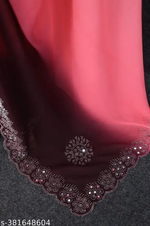Pink georgette silk sari with white embroidered design