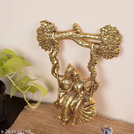 Gold Metal Radha Krishna Couple Figurine Wall Hanging, Indian temple decor