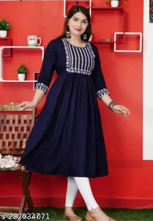 Blue rayon Anarkali embroidery kurti with three-quarter sleeves, XXL size, India origin
