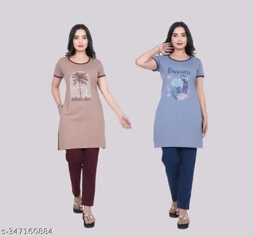 Cotton blend printed nightsuit set (pack of 2), perfect for women's and girls' summer wear