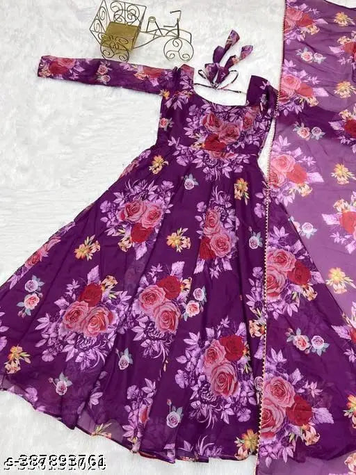 Georgette anarkali kurti with traditional print, three-quarter sleeves and matching dupatta set for woman