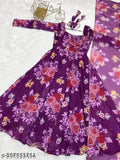 Georgette anarkali kurti with traditional print, three-quarter sleeves and matching dupatta set for woman