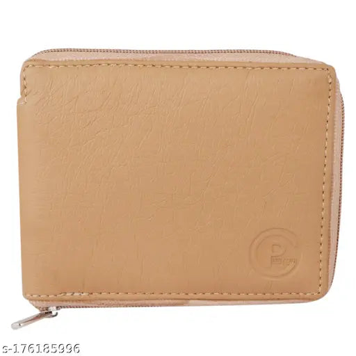 Brown PU two-fold leather wallet for men, durable design with 3 card slots, coin pocket, and currency compartment. Handcrafted in India