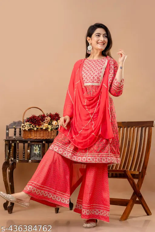 Peach rayon embroidered anarkali with dupatta and sharara set, festive wear for women